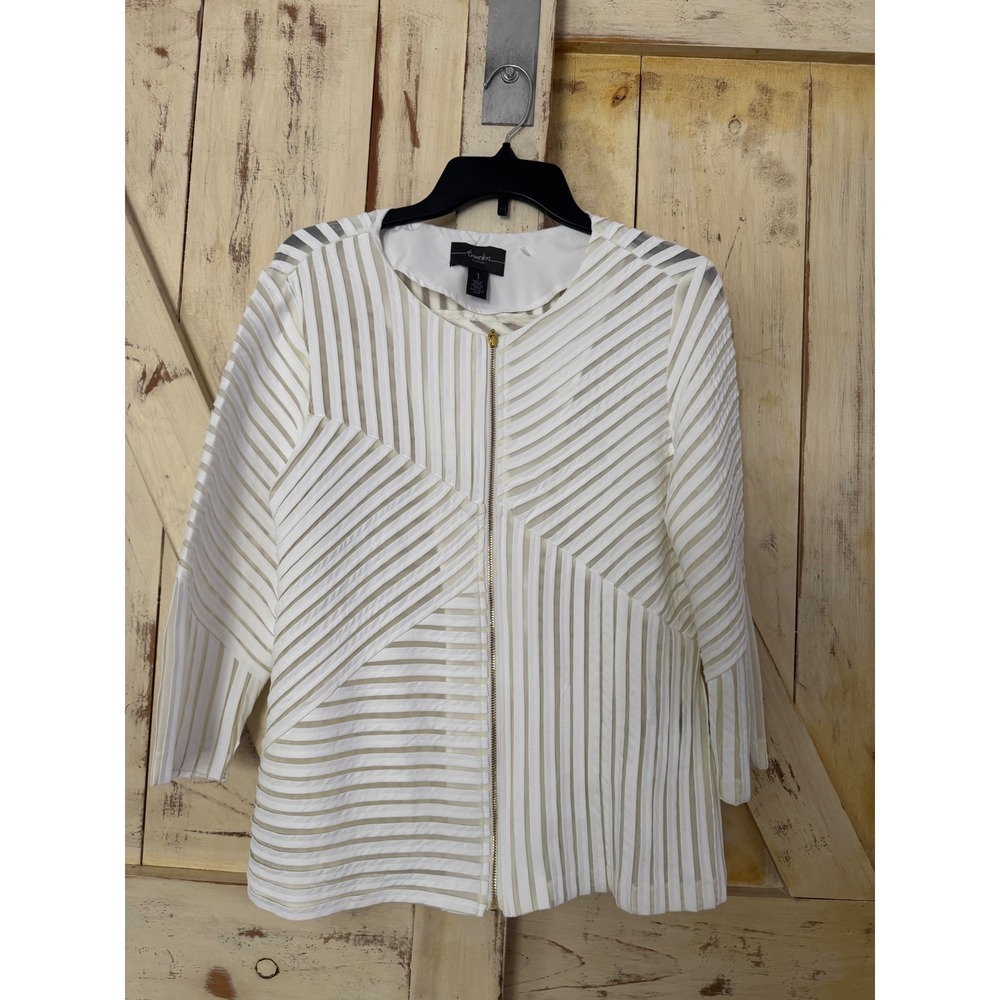 Chico's 1 White Textured Striped Sheer‎ Jacket Top Front Zip